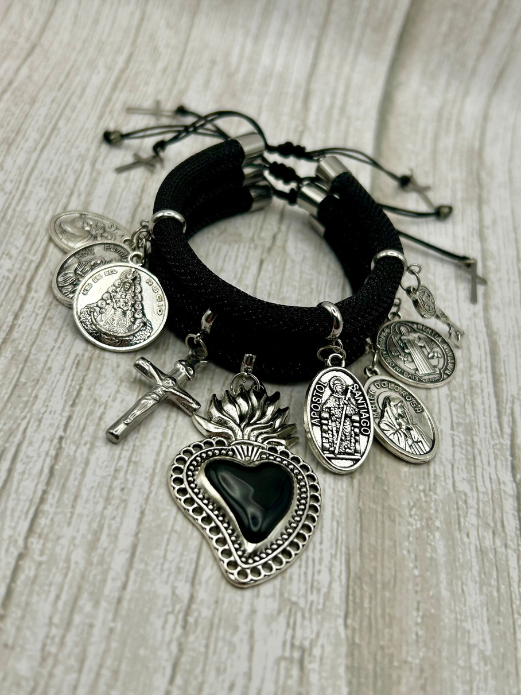 Black Metallic Cord Multi-Charm Bracelet – Sacred Heart, Cross & Religious Medals