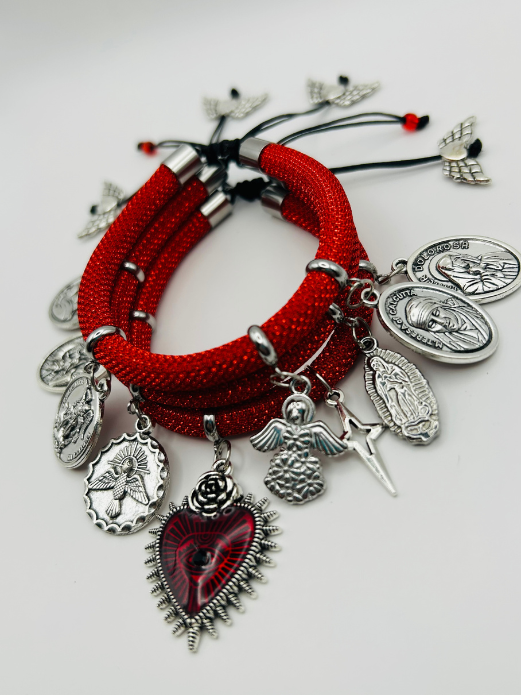 Red Metallic Cord Multi-Charm Bracelet – Sacred Heart, Religious Medals & Angel Symbols