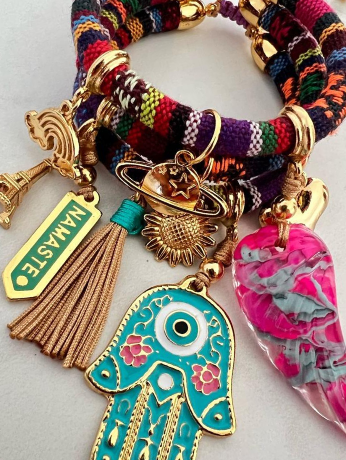 Multicolor Bracelet with Turquoise Hand and Wing Charms – Adjustable