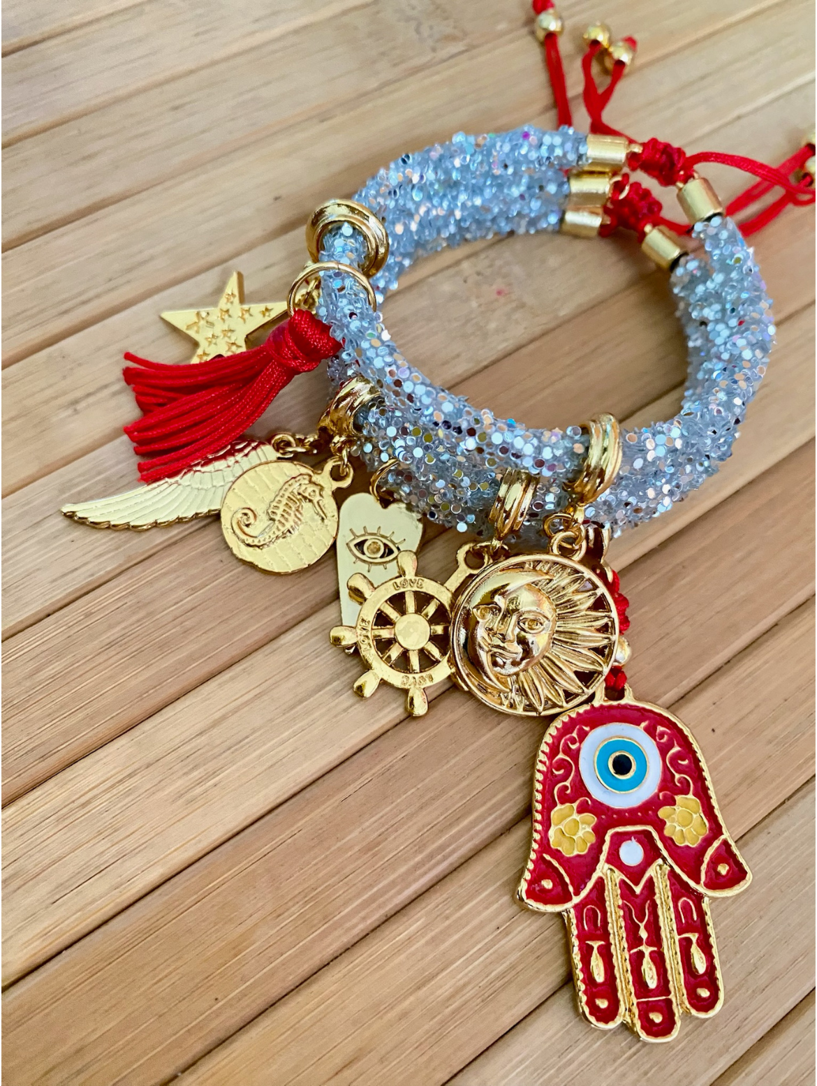 Light Grey Rhinestone Bracelet with Red Evil Eye and Gold Charms