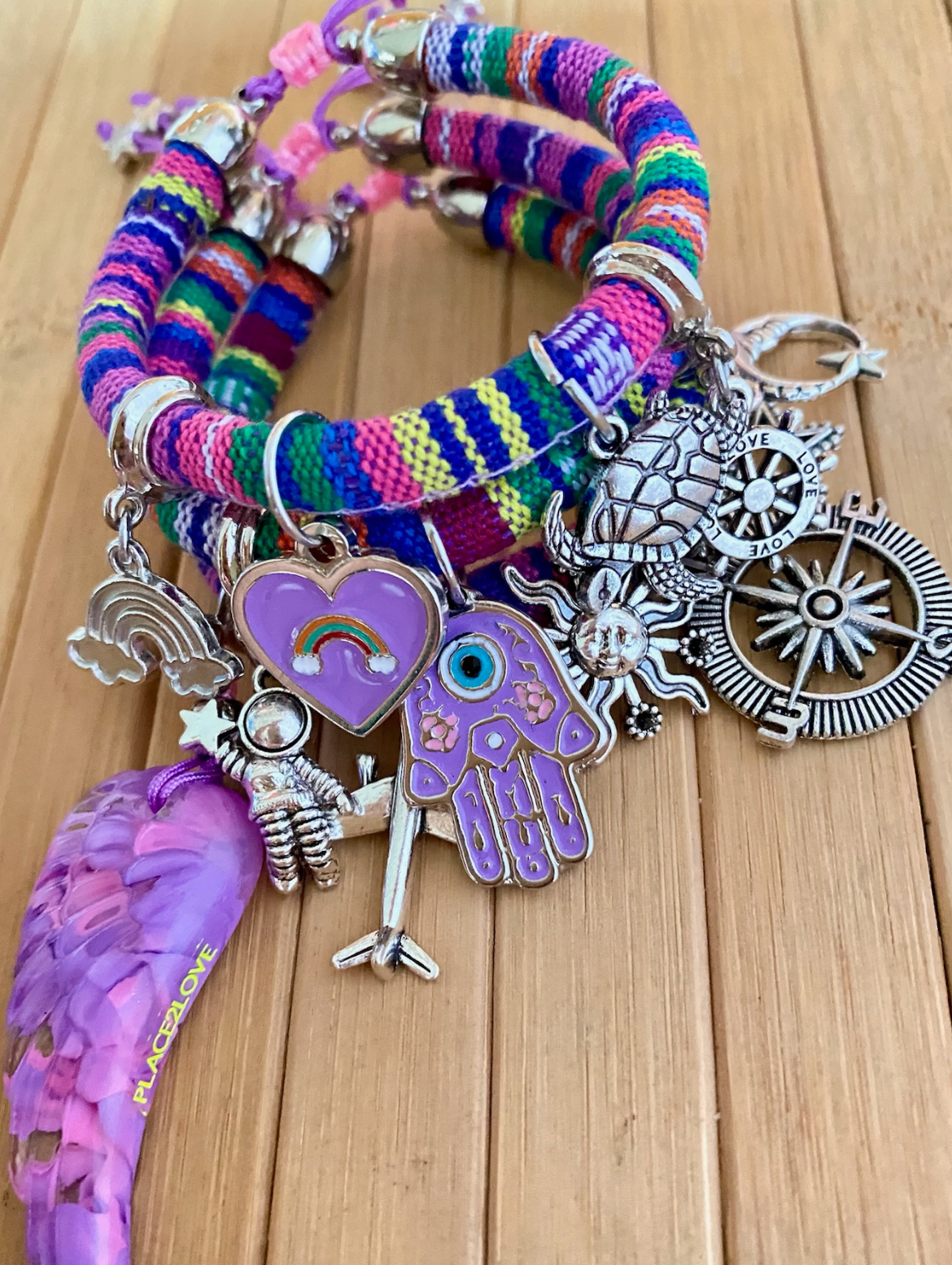 Bohemian Multicoloured Bracelet with Silver Lucky Charms, Evil Eye, Hamsa Hand & Rainbow Accents