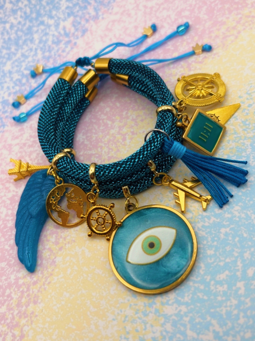 Blue Metallic Cord Multi-Charm Bracelet – Gold Evil Eye, Travel & Protection Symbols
