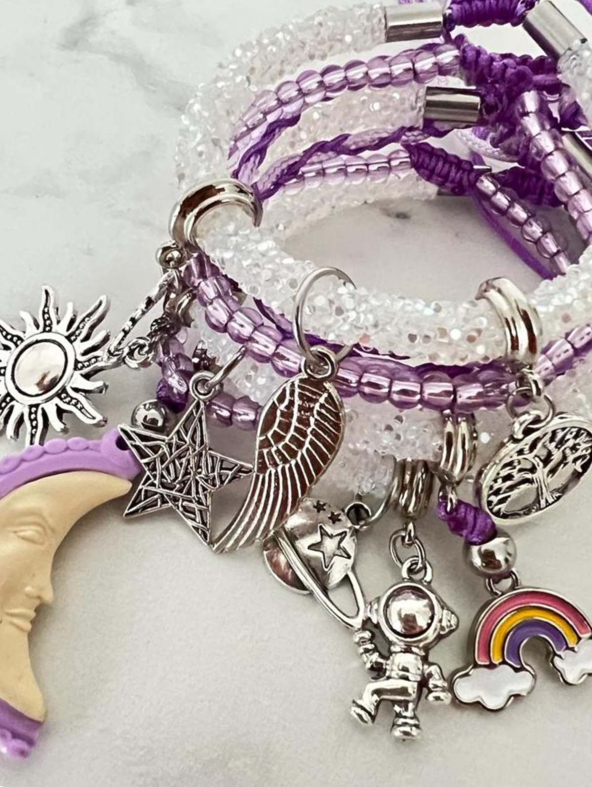 White Rhinestones Bracelet with Moon, Rainbow, and Silver Accent Charms
