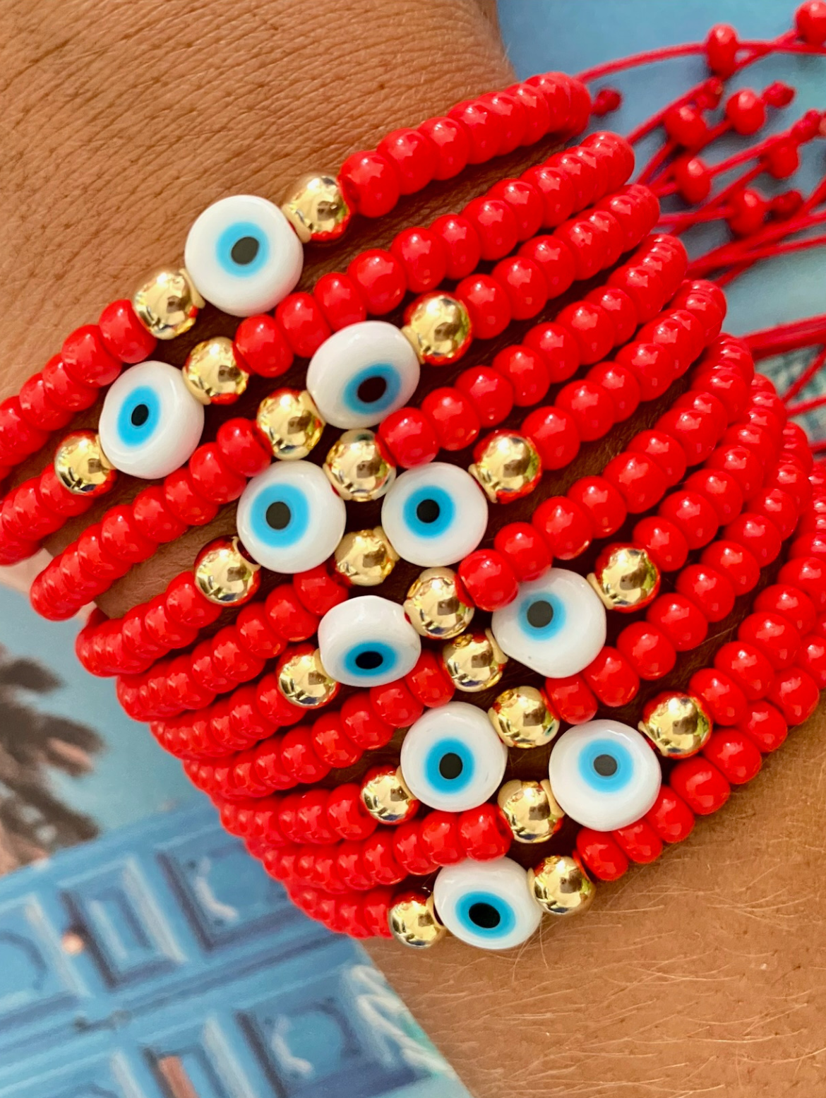 Pulsera con cuentas de ojo malvado rojo de múltiples hilos