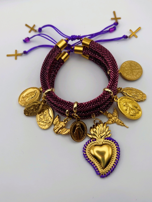 Purple Metallic Cord Multi-Charm Bracelet – Sacred Heart & Gold Religious Medals