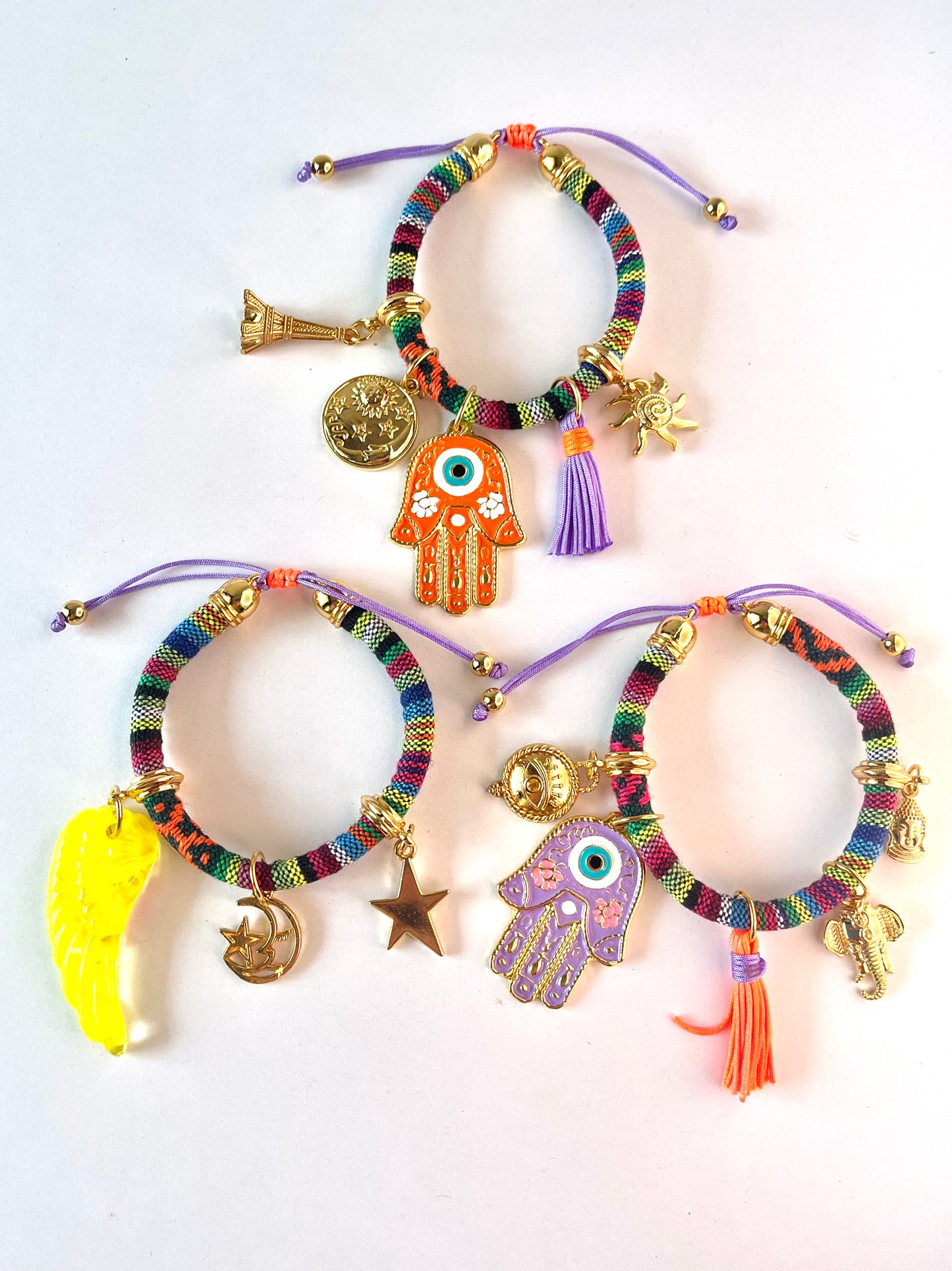 Pulsera Bohemia Multicolor con Charms de Mano de Hamsa y Ojo Turco Amarillo Neón