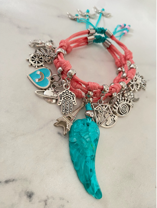 Vibora Pink Bracelet with Silver Lucky Charms, Mini Heart and Turquoise Wing