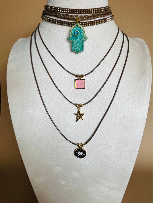 Layered Brown Choker Necklace Set with Hamsa and Star Charms