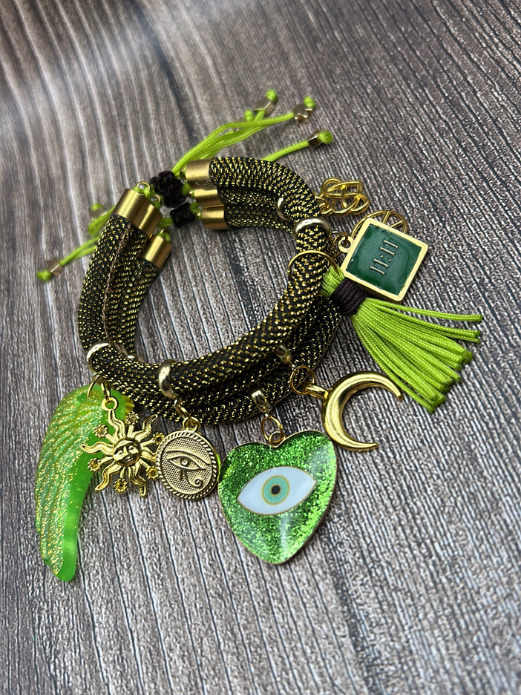 Green Metallic Cord Multi-Charm Bracelet – Heart Evil Eye, Moon & Protection Symbols