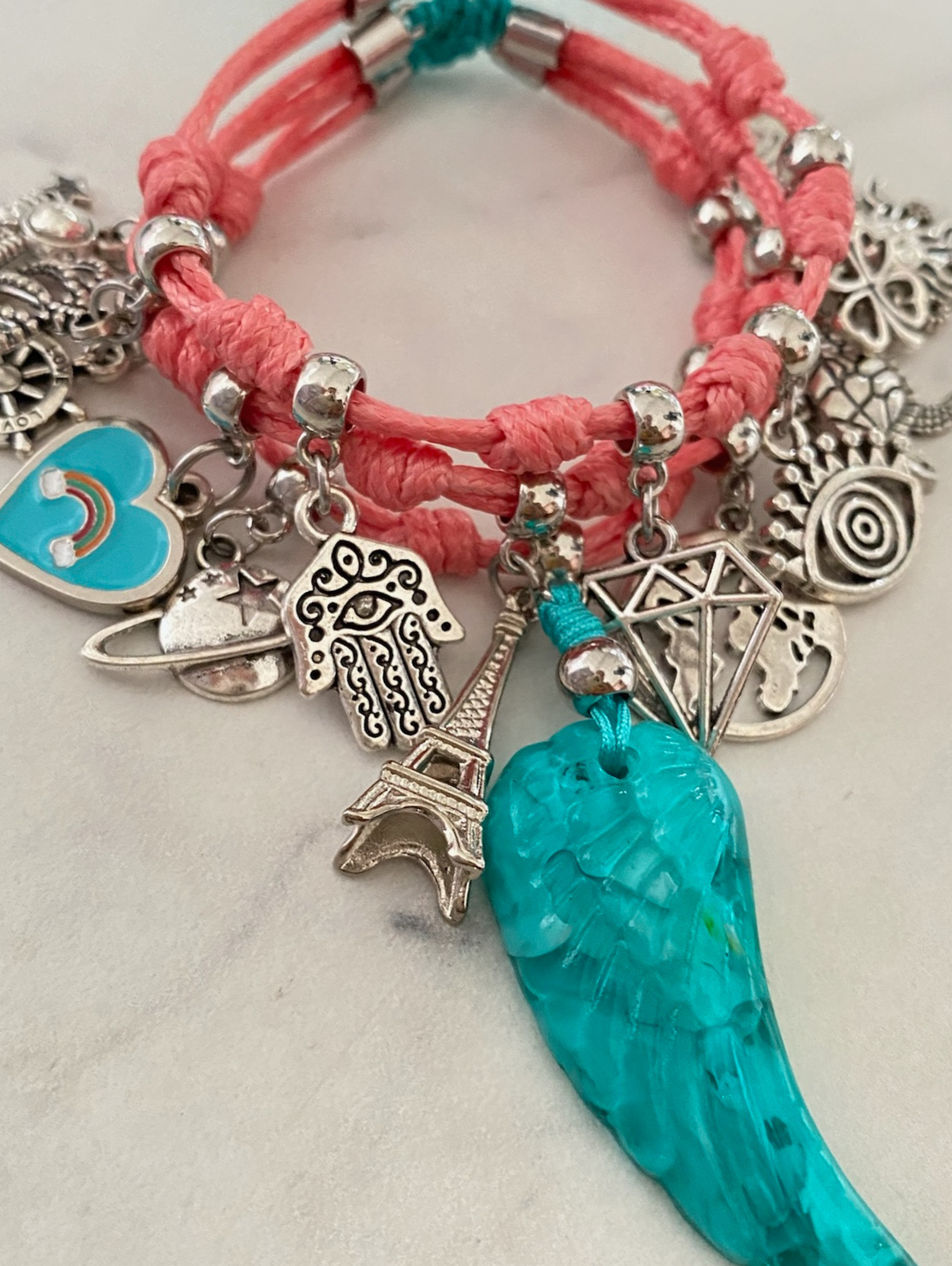 Vibora Pink Bracelet with Silver Lucky Charms, Mini Heart and Turquoise Wing