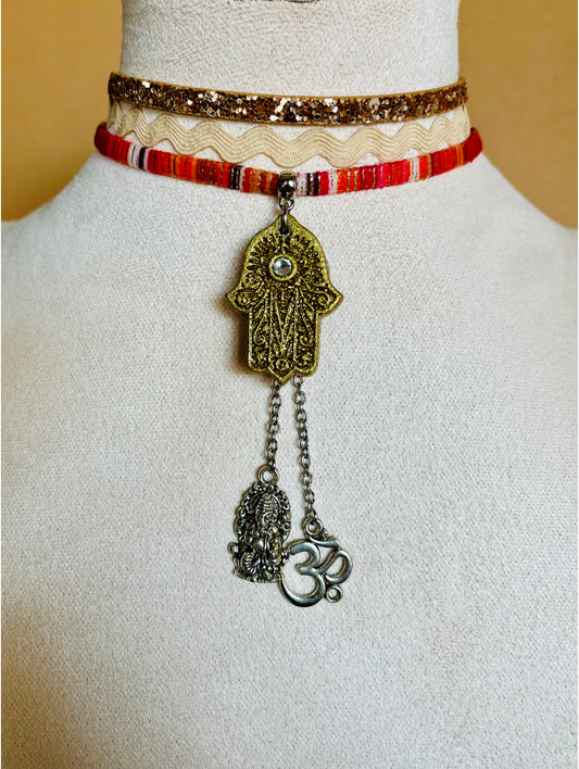 Bohemian Gold and Red Choker Necklace with Hamsa Hand and Om Charms