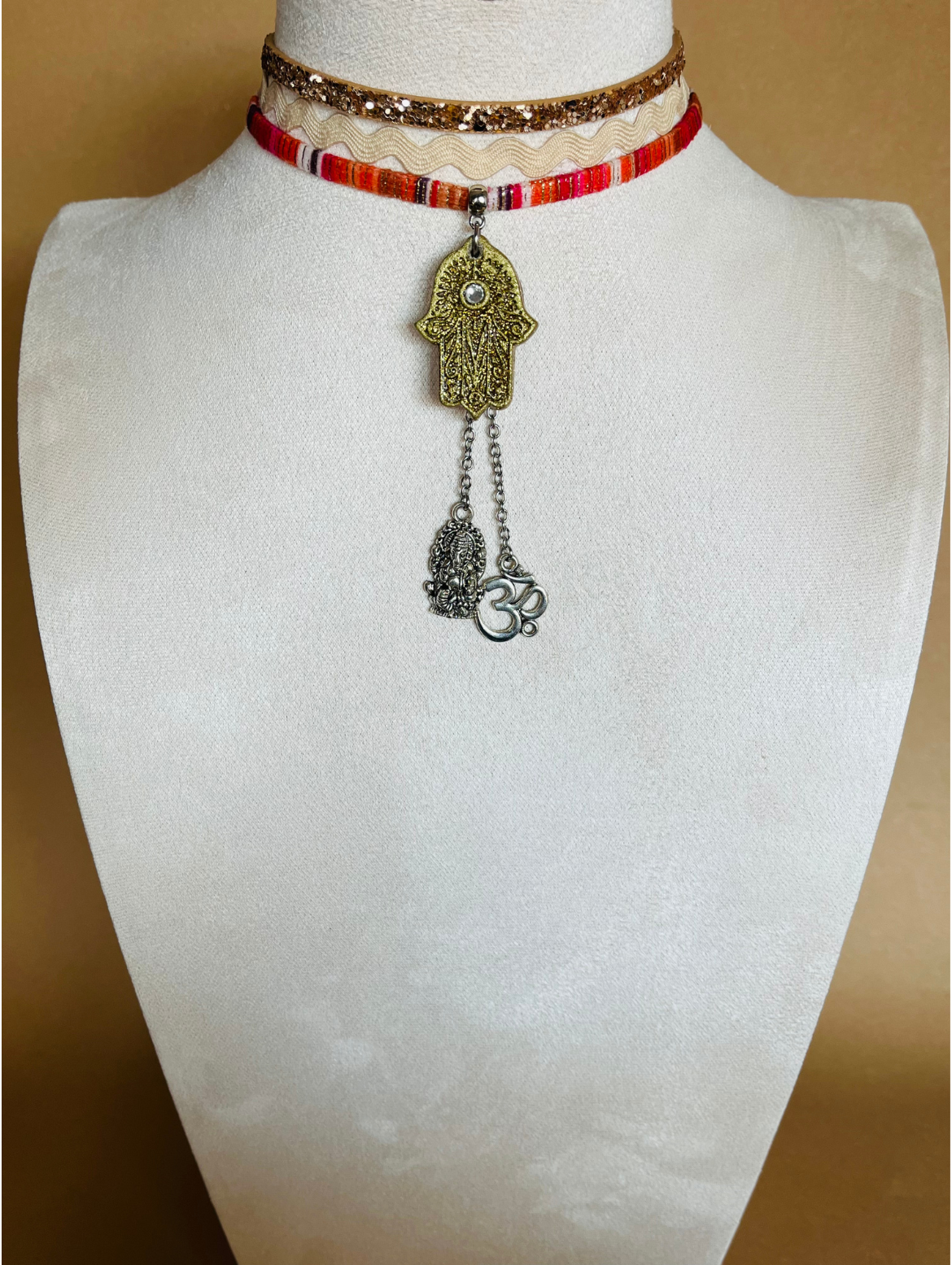 Bohemian Gold and Red Choker Necklace with Hamsa Hand and Om Charms