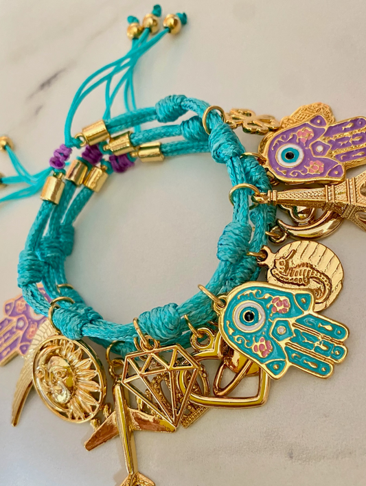 Turquoise Vibora Bracelet with Mini Hamsa Hands and Lucky Charms.