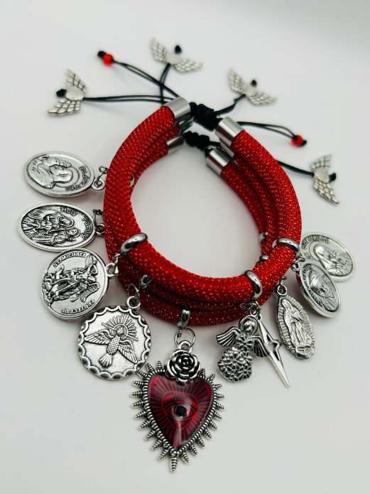 Red Metallic Cord Multi-Charm Bracelet – Sacred Heart, Religious Medals & Angel Symbols