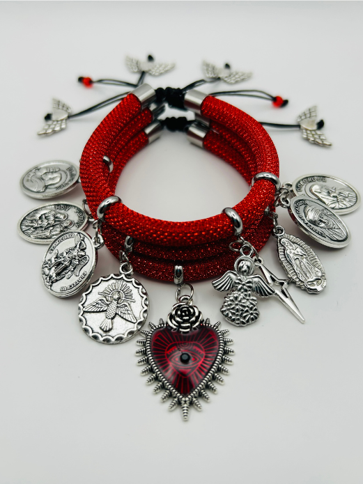 Red Metallic Cord Multi-Charm Bracelet – Sacred Heart, Religious Medals & Angel Symbols