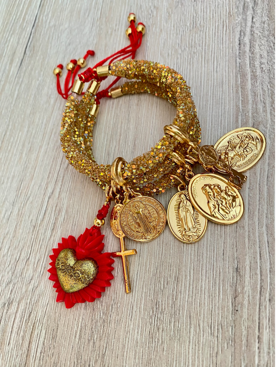 Golden Sacred Rhinestones Bracelet with Red-Golden Heart and Religious Charms.