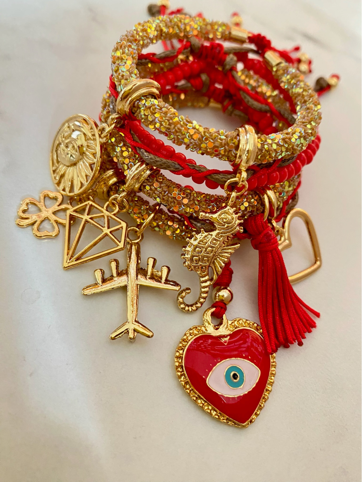 Golden Rhinestone Bracelet Set with Beads Cord, Red Evil Eye Heart and Lucky Charms