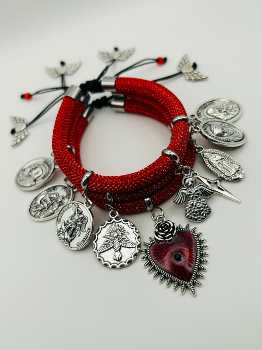 Red Metallic Cord Multi-Charm Bracelet – Sacred Heart, Religious Medals & Angel Symbols