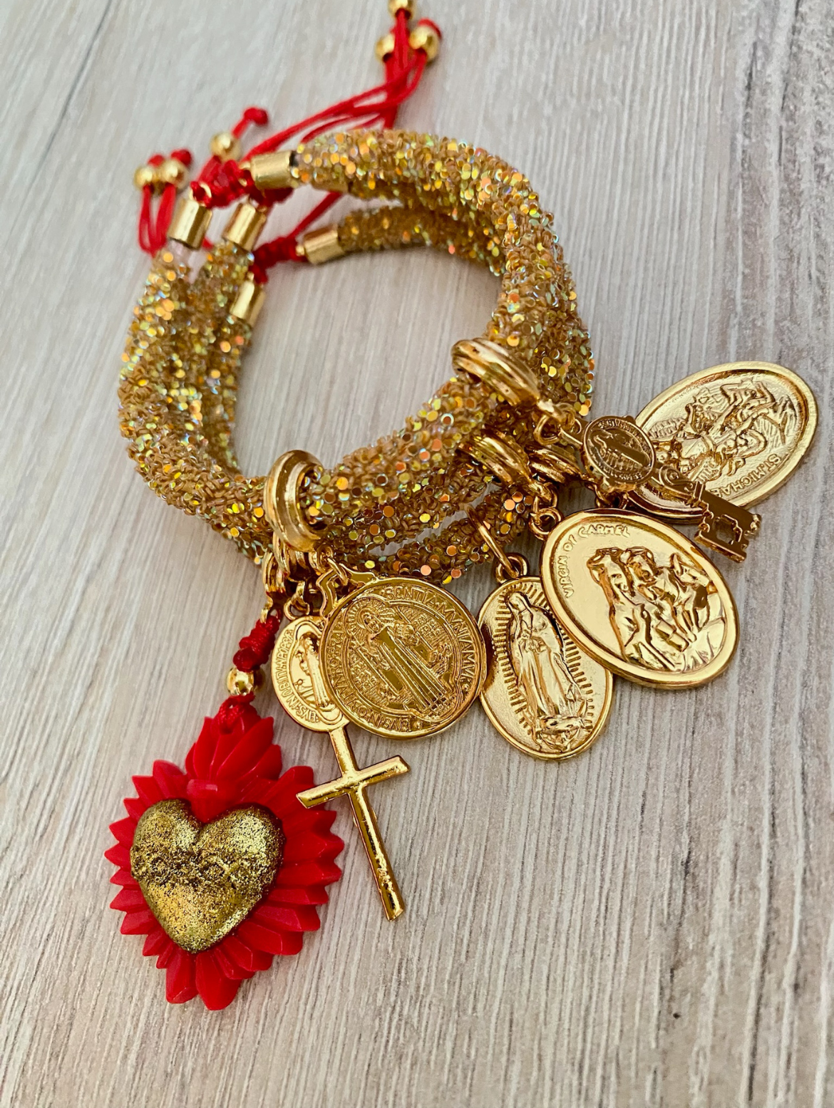 Golden Sacred Rhinestones Bracelet with Red-Golden Heart and Religious Charms.