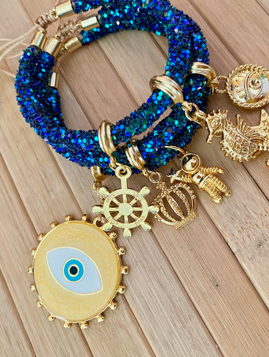 Dark Blue Rhinestones Bracelet with Yellow Evil Eye and Lucky Charms.