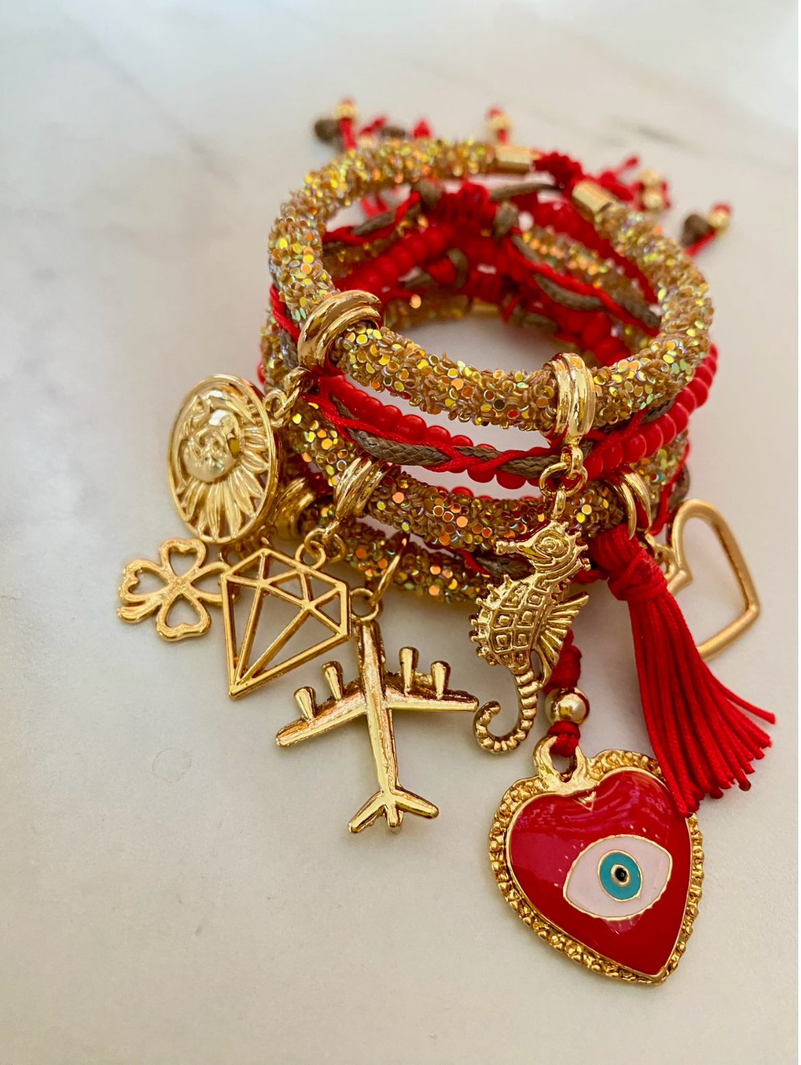 Golden Rhinestone Bracelet Set with Beads Cord, Red Evil Eye Heart and Lucky Charms