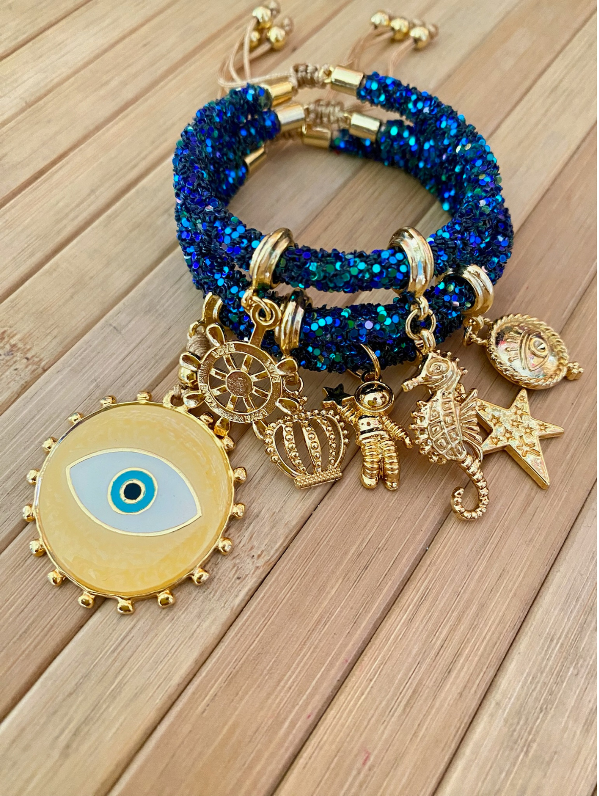 Dark Blue Rhinestones Bracelet with Yellow Evil Eye and Lucky Charms.