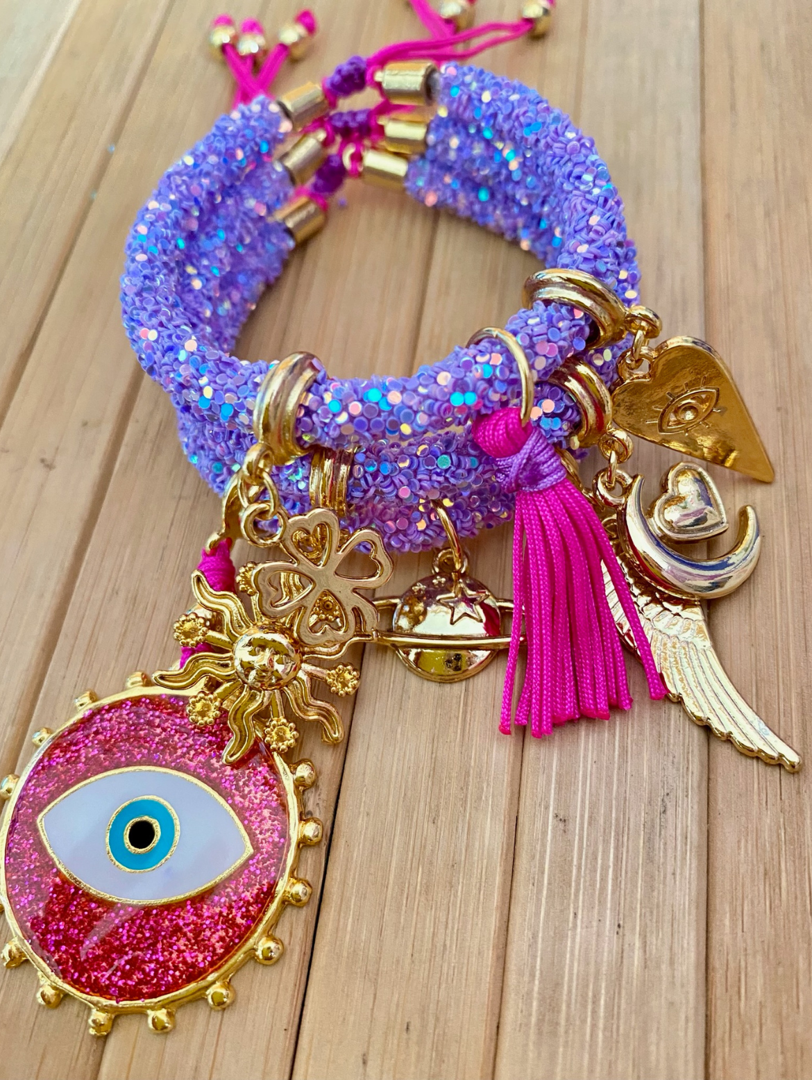 Purple Rhinestones Bracelet Set with Dark Pink Evil Eye and Lucky Charms.