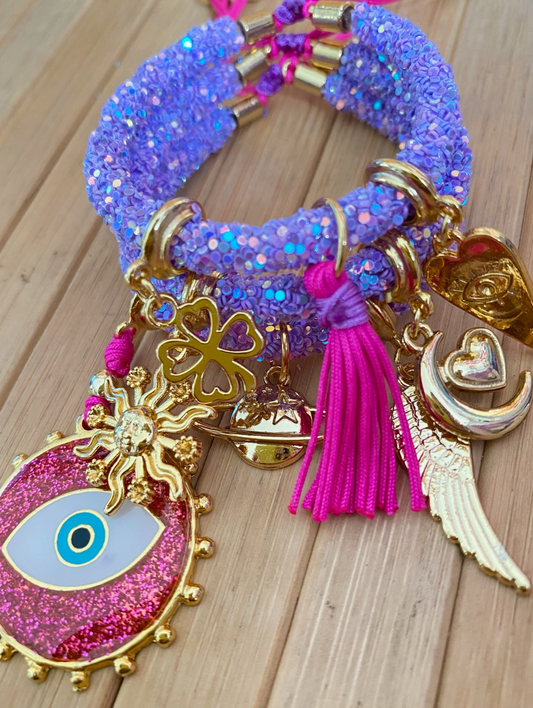 Purple Rhinestones Bracelet Set with Dark Pink Evil Eye and Lucky Charms.