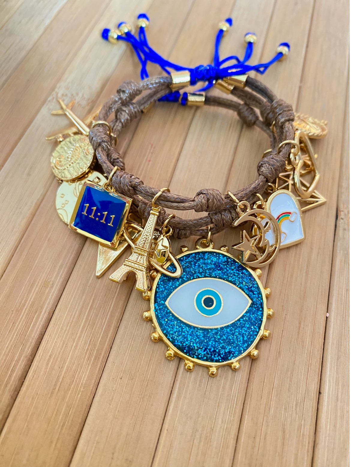 Brown Víbora Bracelet with Shiny Blue Evil Eye, Rainbow and Lucky Charms