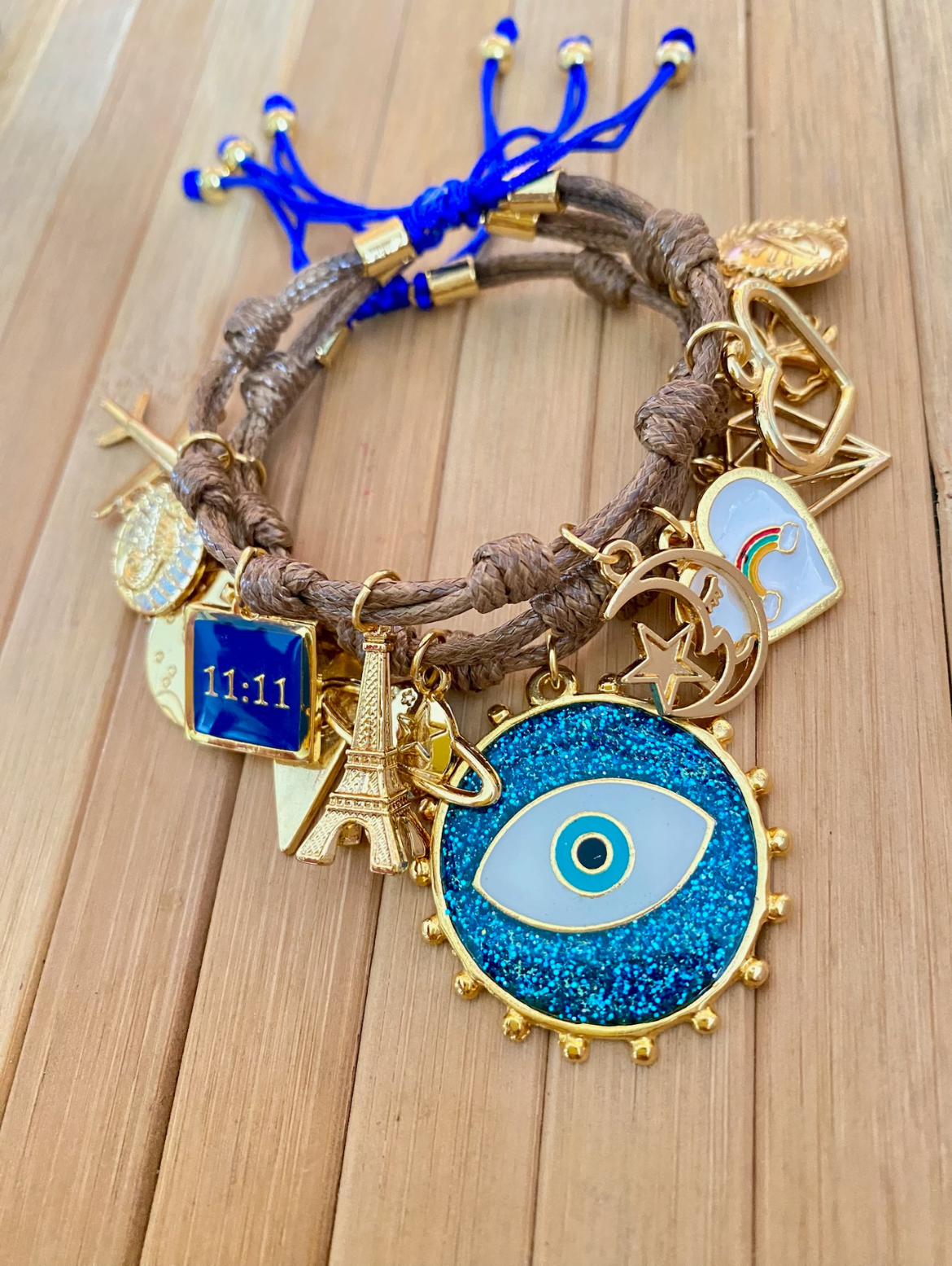 Brown Víbora Bracelet with Shiny Blue Evil Eye, Rainbow and Lucky Charms