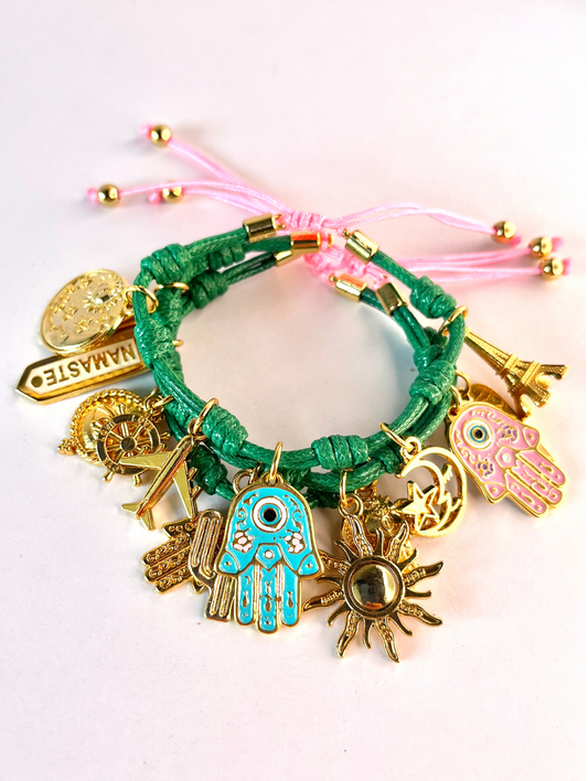 Green Vibora Bracelet with Mini Hamsa Hands and Lucky Charms.