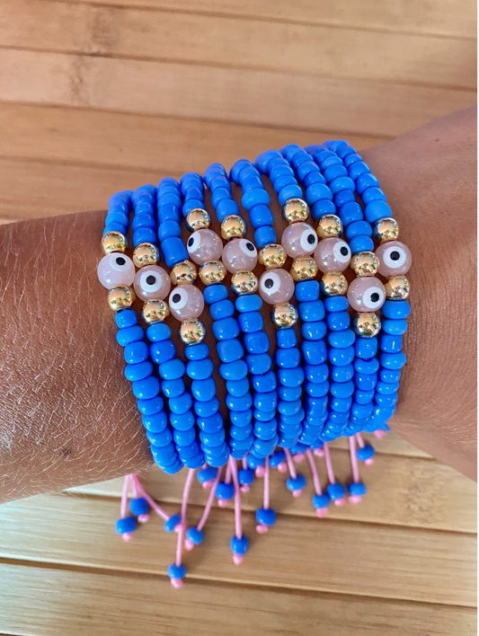 Multi-Strand Vivid Blue Evil Eye Beaded Bracelet