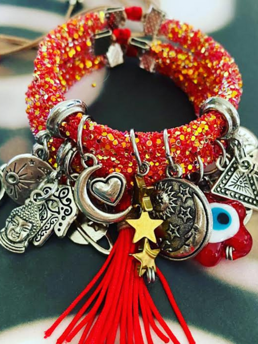 Handmade Red Rhinestone Charm Bracelet with Lucky Silver Charms.