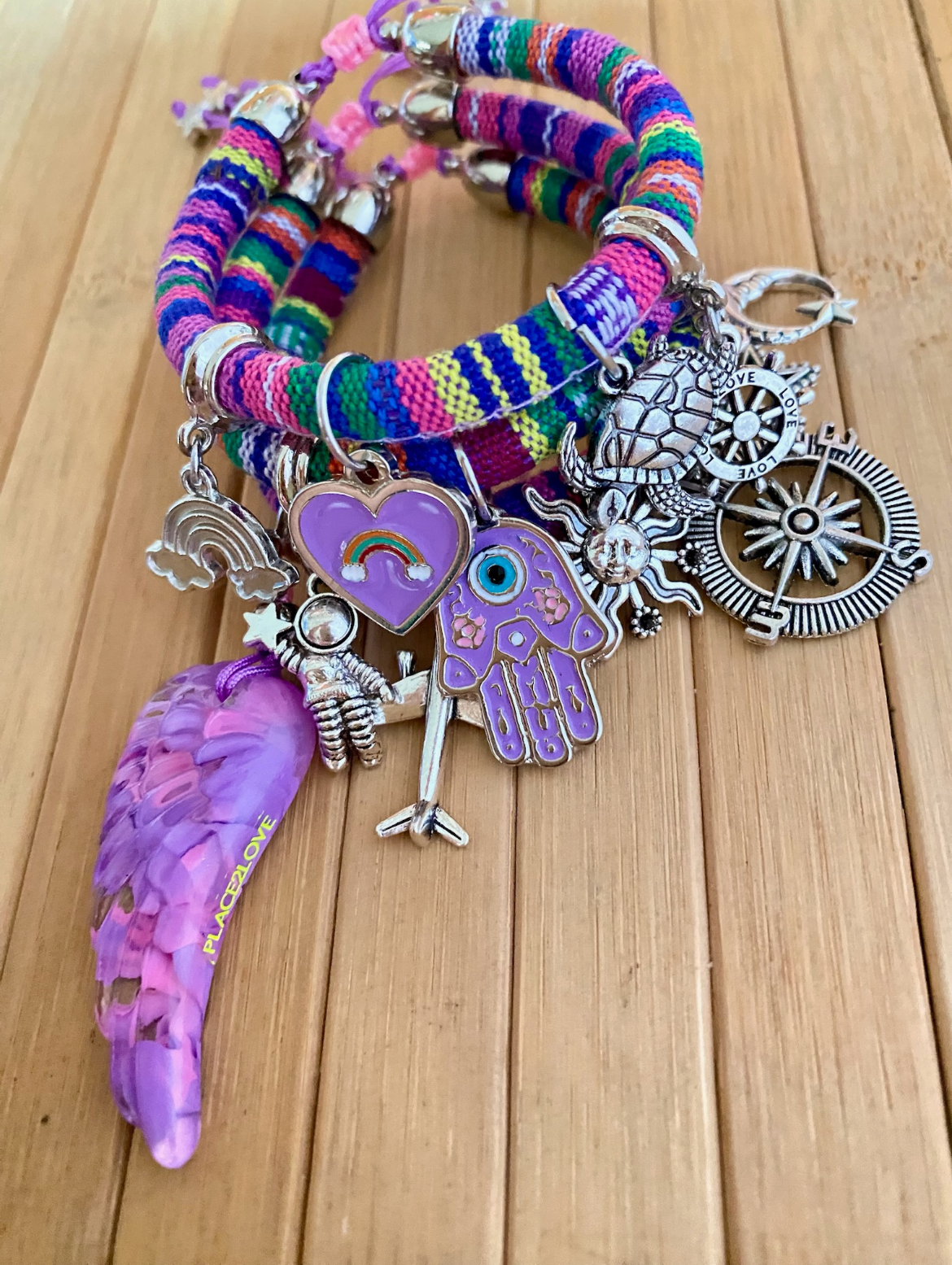 Bohemian Purple Multicoloured Bracelet with Silver Lucky Charms, Purple Wing and Hamsa Hand