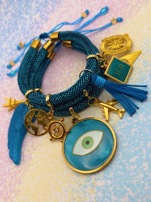 Blue Metallic Cord Multi-Charm Bracelet – Gold Evil Eye, Travel & Protection Symbols