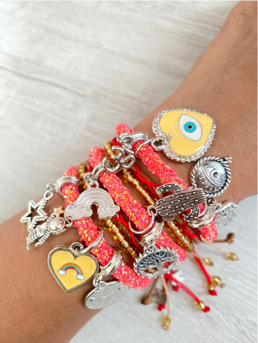 Orange Rhinestones Bracelet with Yellow Evil Eye Heart Charm and Silver Charms