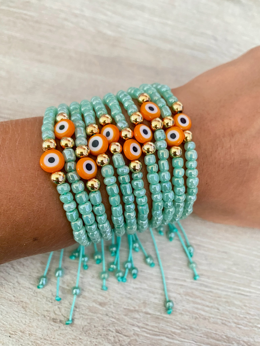 Multi-Strand Mint Green and Orange Evil Eye Beaded Bracelet