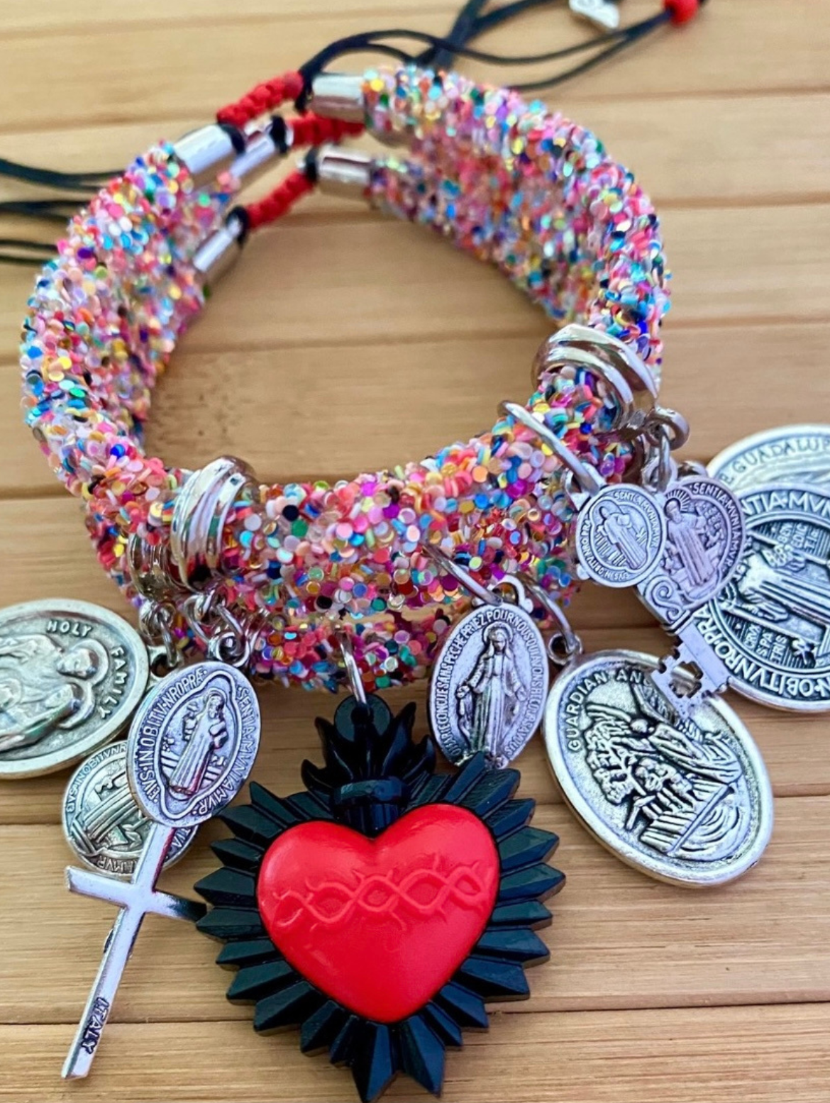 Multicolour Sacred Rhinestone Bracelet with Black-Red Evil Eye and Religious Silver Medals