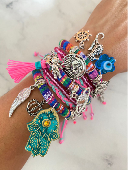 Bohemian Multicolour Bracelet Gold Turquoise Hamsa Hand Silver Charms