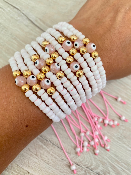 Multi-Strand Light Pink Evil Eye Beaded Bracelet