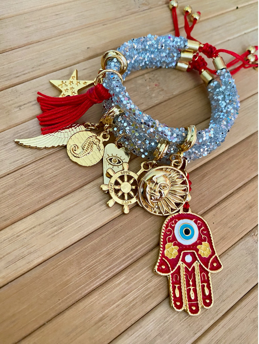 Light Grey Rhinestones Bracelet with Red Evil Eye and Lucky Charms