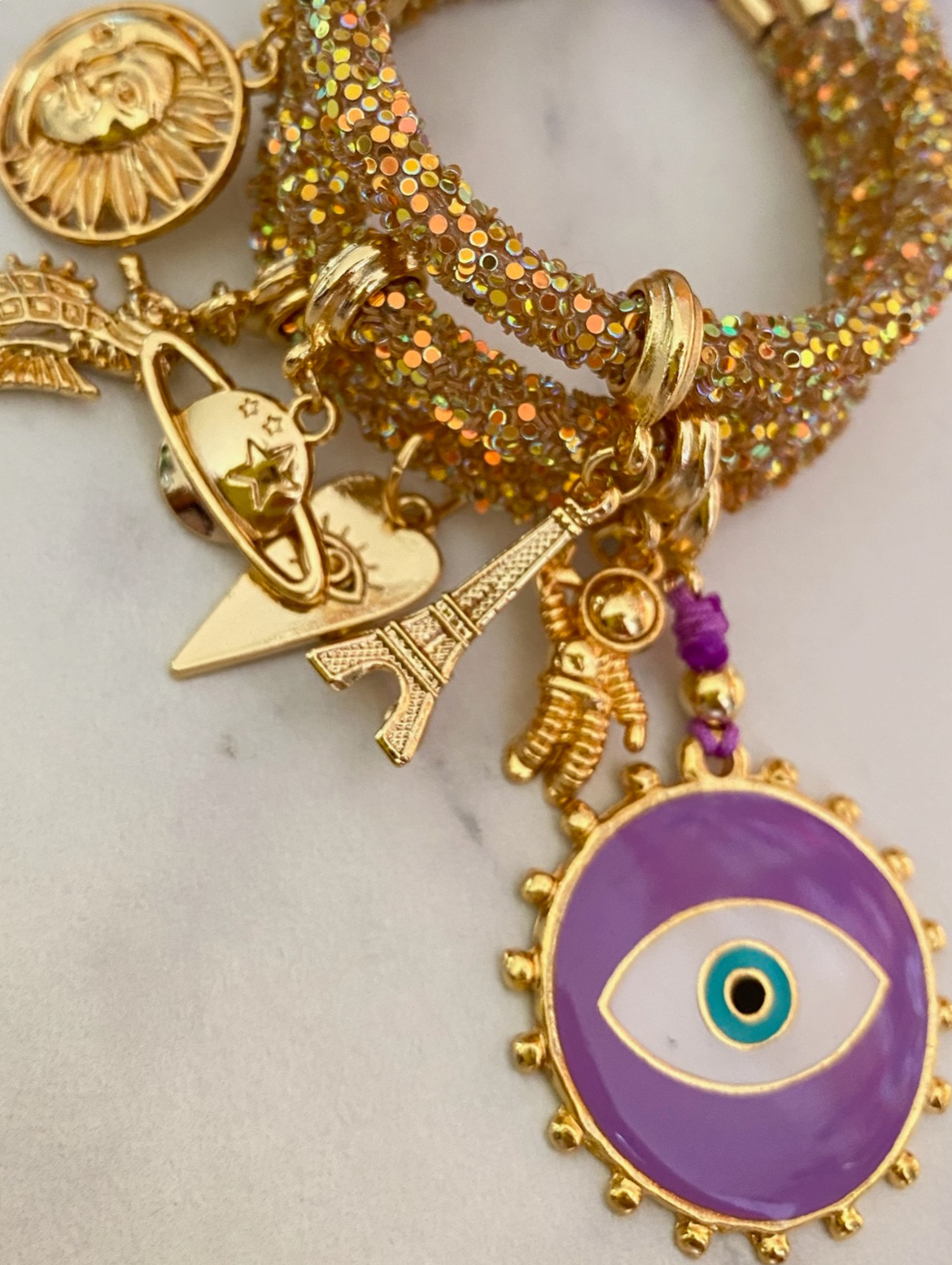 Golden Rhinestones Bracelet Set with Purple Evil Eye and Lucky Charms.