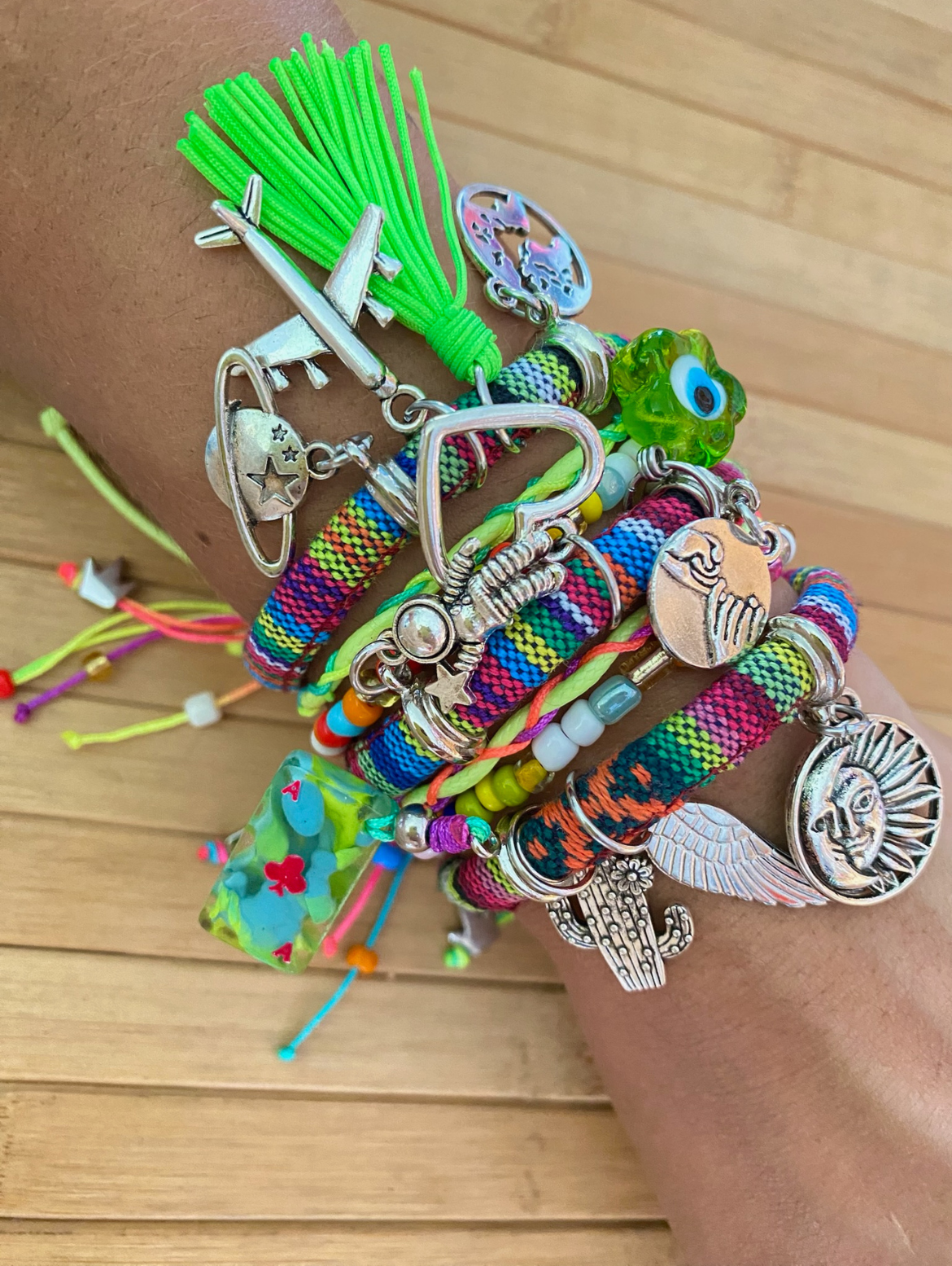 Bohemian Multicoloured Bracelet with Neon Green Bead Cord and Ace of Clubs.