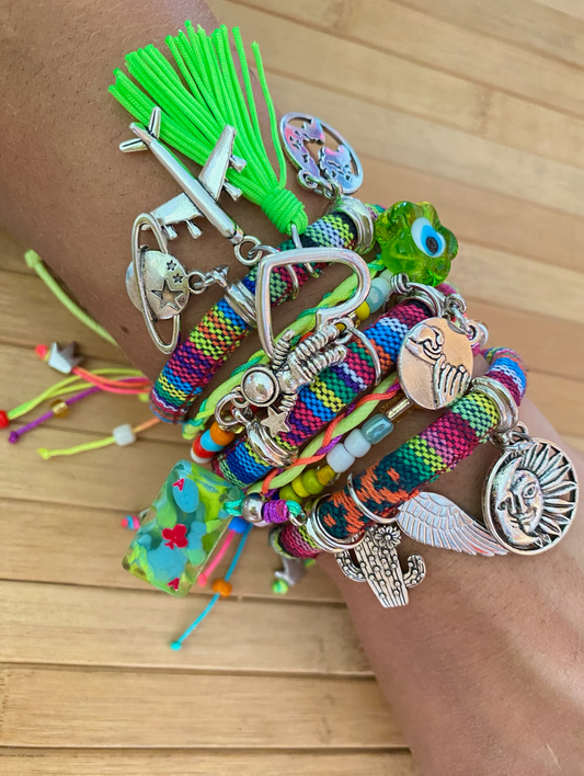 Bohemian Multicoloured Bracelet with Neon Green Bead Cord and Ace of Clubs.