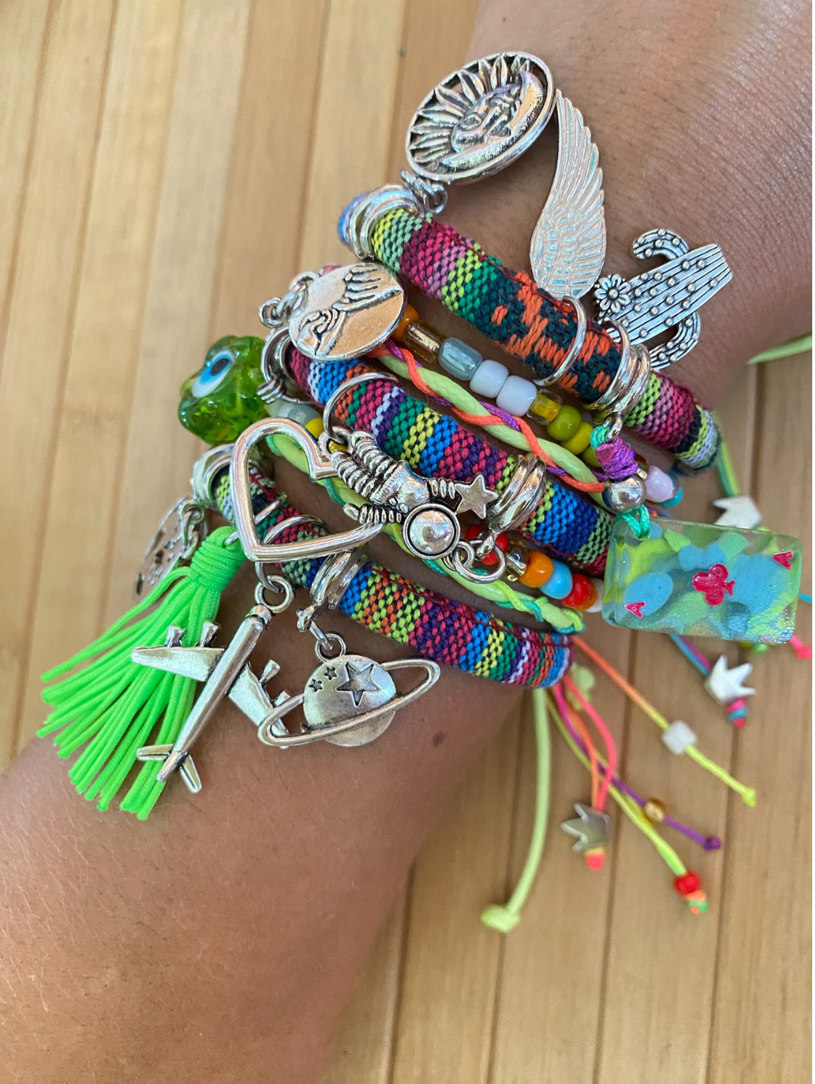 Bohemian Multicoloured Bracelet with Neon Green Bead Cord and Ace of Clubs.