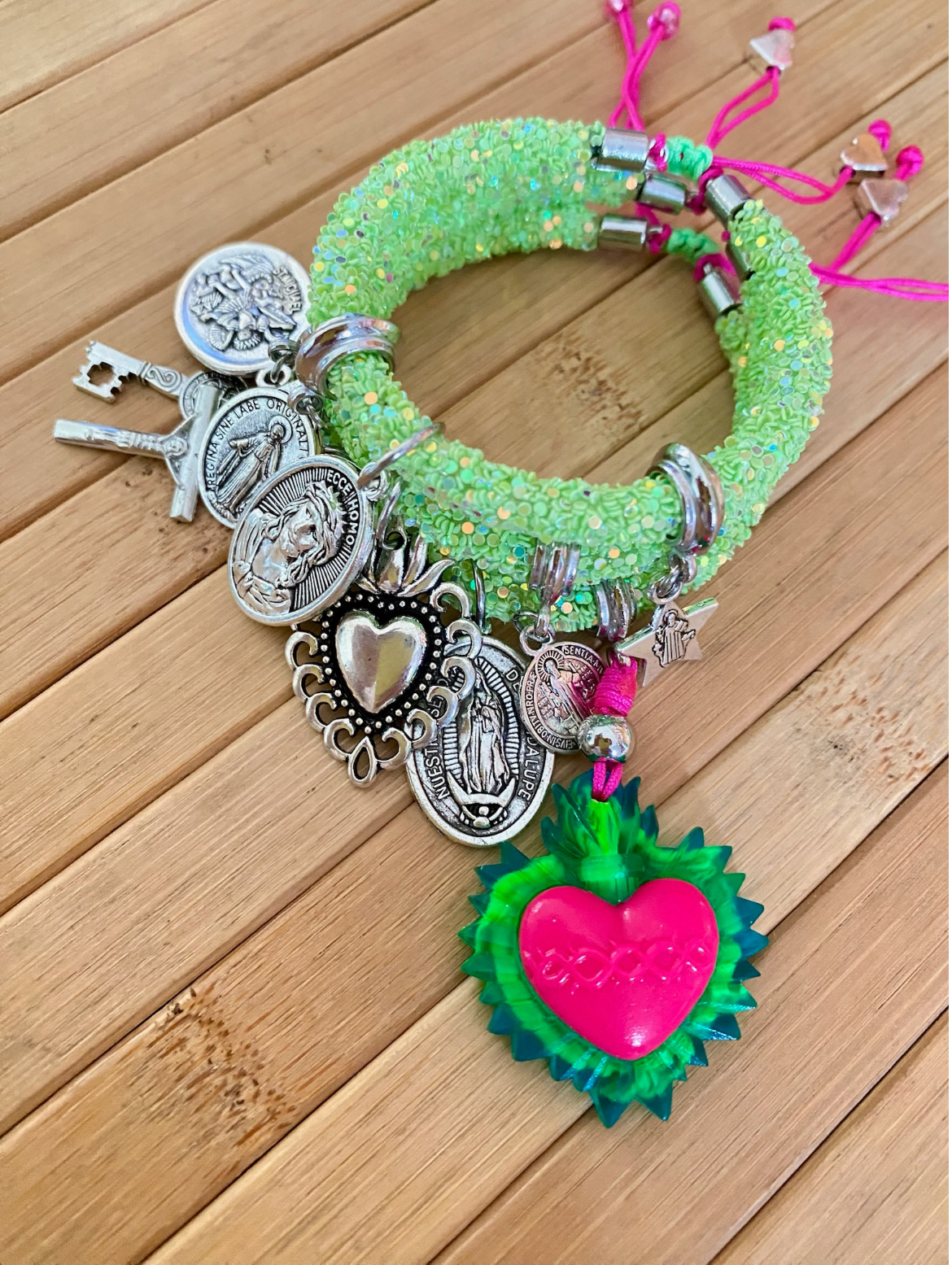 Neon Green Sacred Rhinestones Bracelet with Pink-Green Heart and Religious Charms.