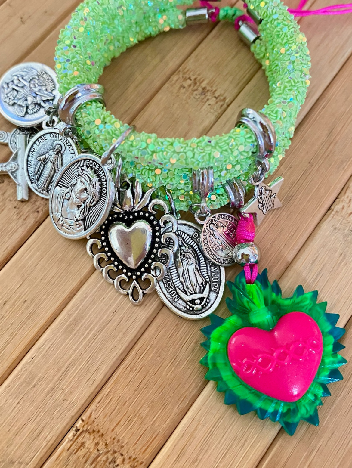 Neon Green Sacred Rhinestones Bracelet with Pink-Green Heart and Religious Charms.