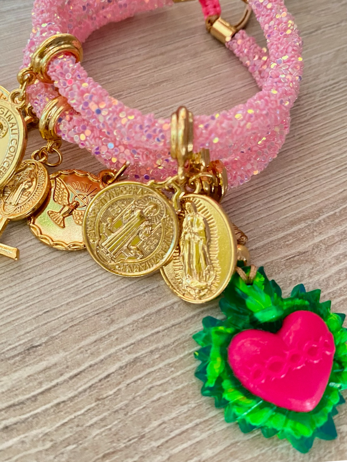 Pink Sacred Rhinestones Bracelet with Green-Pink Heart and Religious Charms.