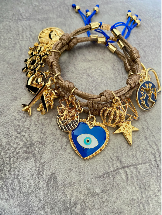 Vibora Brown Cord Bracelet with Blue Accents and Gold Charms