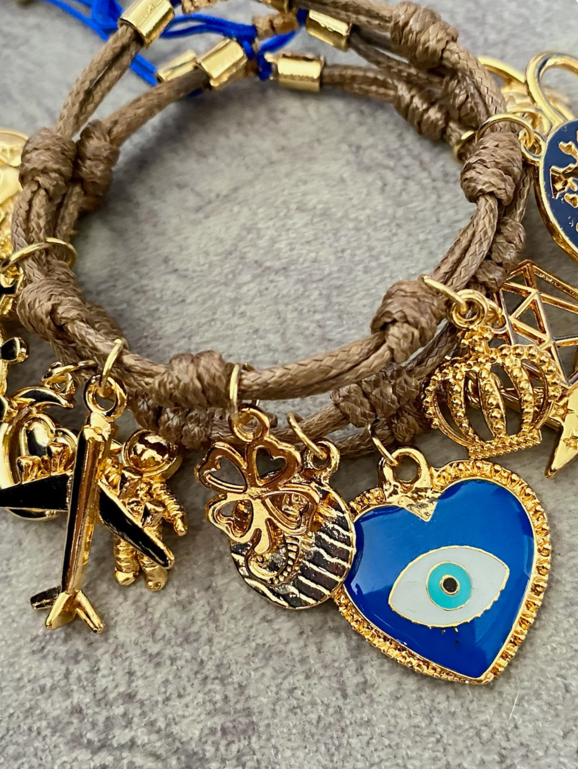 Vibora Brown Cord Bracelet with Blue Accents and Gold Charms